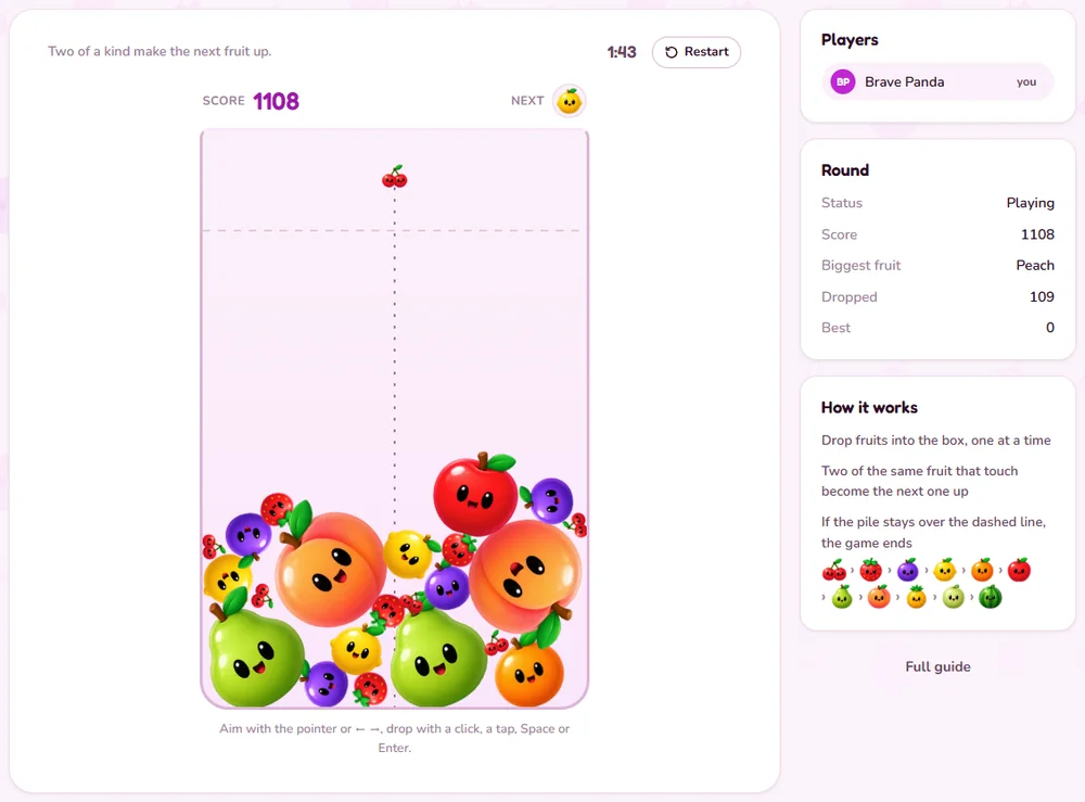 A box filling up: a pile of fruits, the next fruit beside the score and the dashed line near the top.