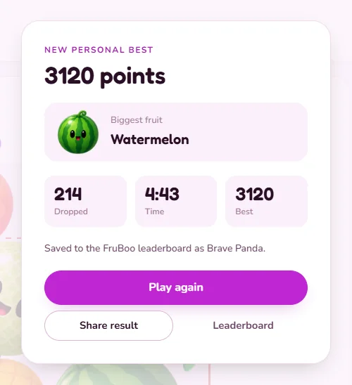 The result card when the box is full, with the points and the biggest fruit made.